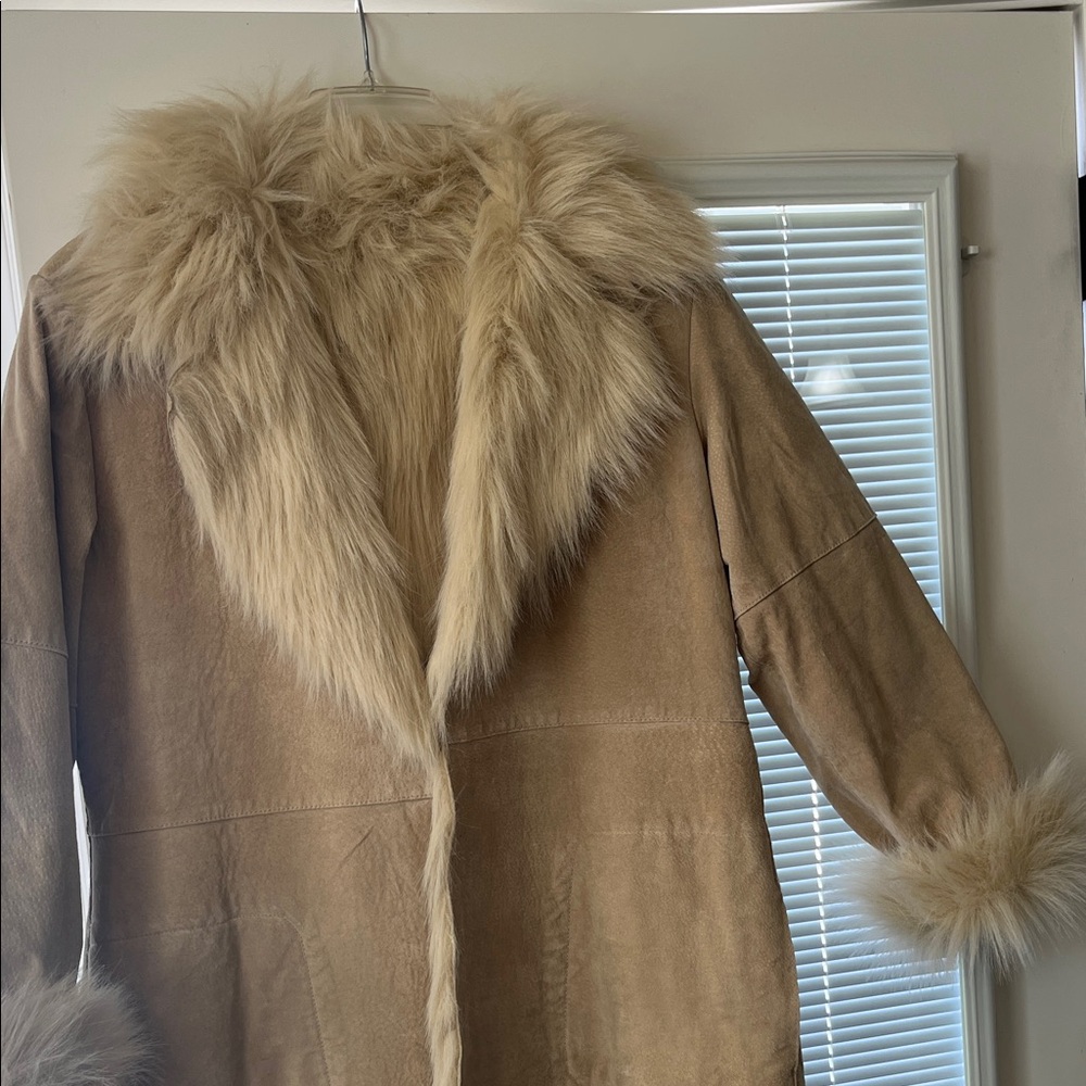 Women's Faux Fur Trim Tan Suede Coat